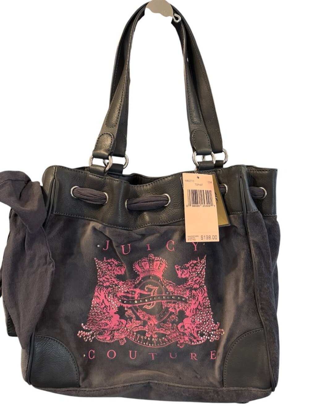 Juicy Couture Daydreamer Shoulder Purse bag Bow Grey Velour Scottie Dog W Charm